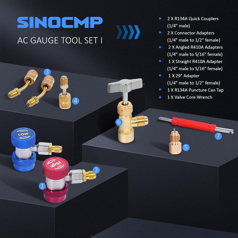 SINOCMP عدادات مجمع HVAC 4 طرق، لمجموعة إعادة شحن المبردات R32/R410A/R134A لمكيف الهواء، تشخيص A/C R22 R404A مع مجموعة أدوات الخراطيم - Image 2